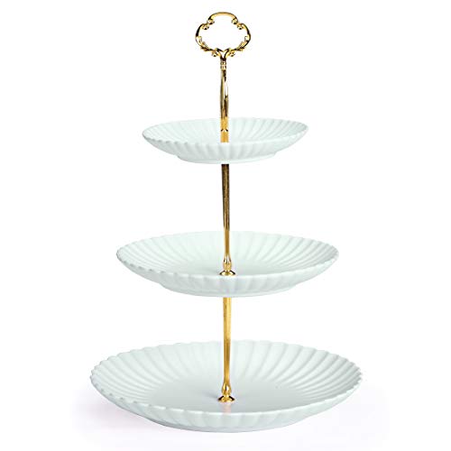 BonNoces 3-Tier Matte Ceramic Cupcake Stand - Petal Shaped Serving Tray Dessert Cake