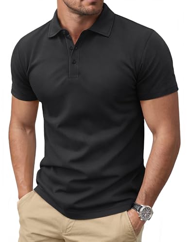 Cotrasen Men's Polo Shirts Short Sleeve Cotton Pique T-Shirts 3 Buttons Classic Fit Casual Lightweight Cooling Performance Golf Shirts Black XL
