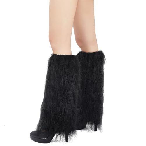 Zando Furry Faux Fur Black Leg Warmers for Women - Soft Fluffy Leg Warmers, Winter Warm Fashion Fuzzy Boot Cuffs Covers for Halloween Accessories Costume Cosplay Party Daily Wear One Size
