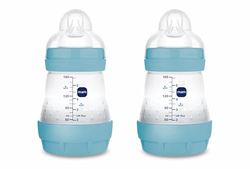 Mam Pack 2 Biberones Anticólicos, Recién Nacido, 0-2 Meses, 160ml, Con Tetina 1 Flujo Lento De Fácil Aceptación, Autoesterilizable Y Fácil De Limpiar, Mam Easy Start Anti-Colic, Azul Mate, 2uds