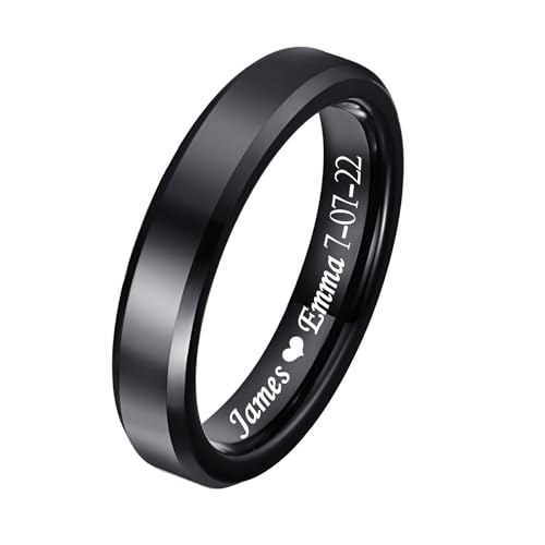 Customized Black/Silver Tungsten Ring for Men 4mm/6mm/8mm Width Personalized High Polished Wedding Engagement Band Promise Ring Beveled Edges Comfort Fit Size 5-12