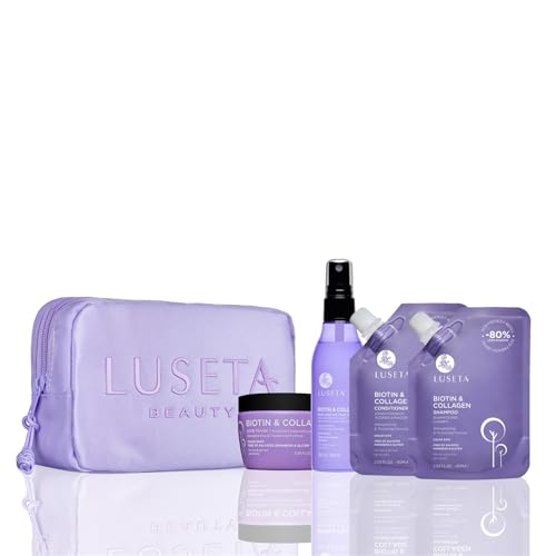 Luseta Biotin & Collagen Jet-Set Hair Strengthen Kit, Travel Size Shampoo and Conditioner Set for Hair Growth with Hair Mask and Heat Protectant Spray for Women and Men, Hair Care Kit for Damaged Hair