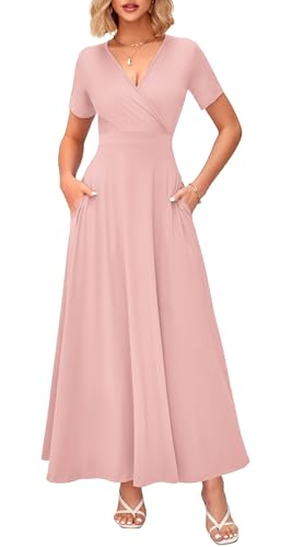 Image of WNEEDU Women's Summer Maxi Dress Short Sleeves Wrap V Neck Long Dresses with Pockets
