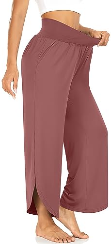Image of TARSE Women's Wide Leg Yoga Pants Cross High Waist Flowy Split with Pockets | Comfy Lightweight Stretch, Flare Hem Cropped, Loose Dance Pants, Travel & Lounge, Everyday Casual Wear