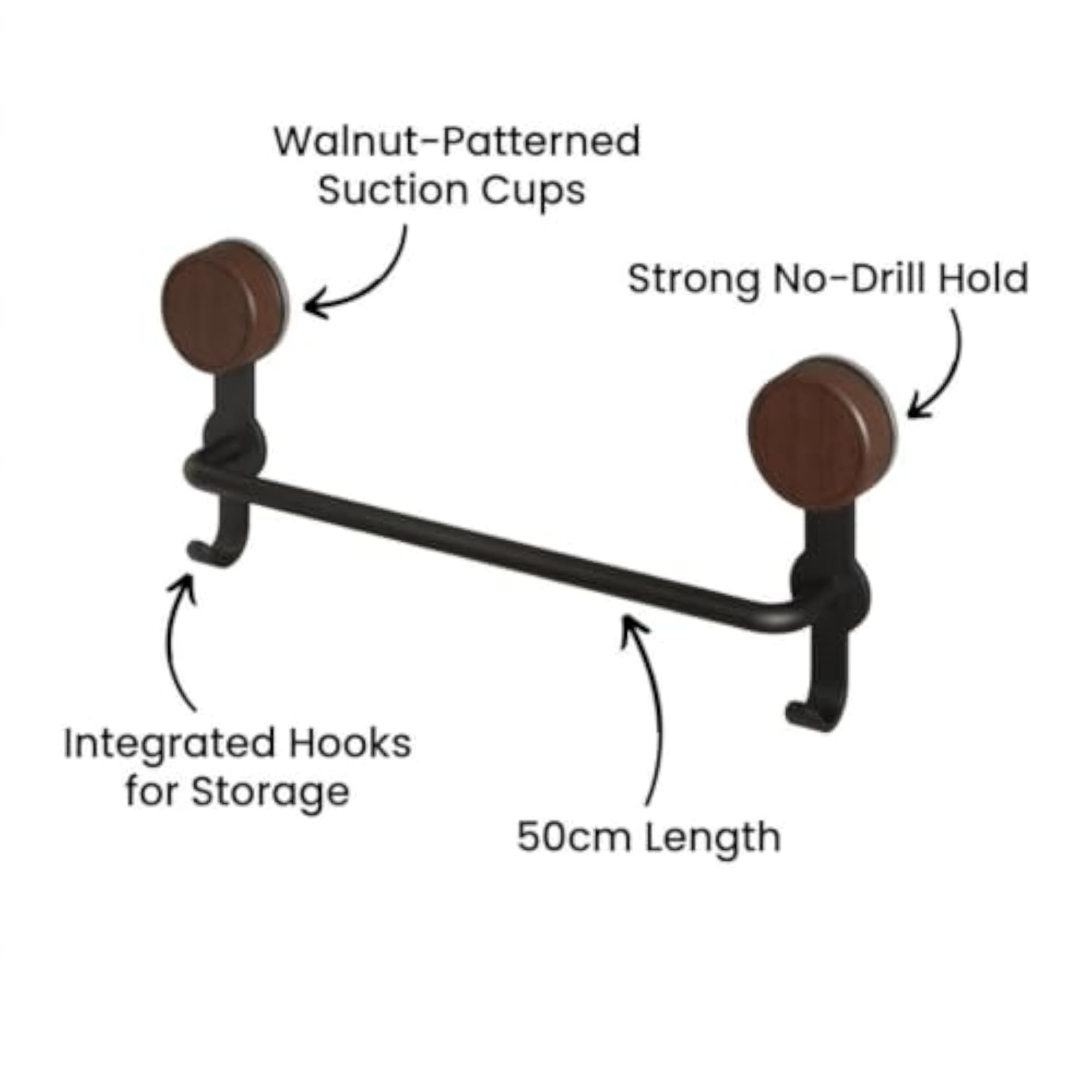 Walnut Wood Bar for Washroom, No-Drill Towel Storage