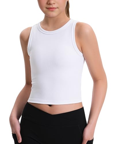 JOCMIC Girls Tank Tops Kids Athletic Tank Ribbed Knit High Neck Crop Tops for Gym Yoga