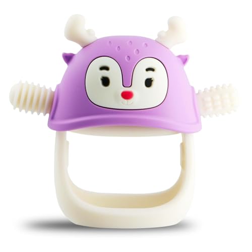 Image of Reindeer Organic Baby Toys 0-6Months, Mitten for 3-6Months, Easy to Hold Stem with Chewing Nubs for Teething Pain Relief for 6-12Months Babies, (Light Purple)