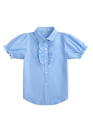 Image of Girls Short Sleeve Button Down Shirts Ruffle School Uniform Crop Tops Peter Pan Collar Plaid Blouse 4-13Y