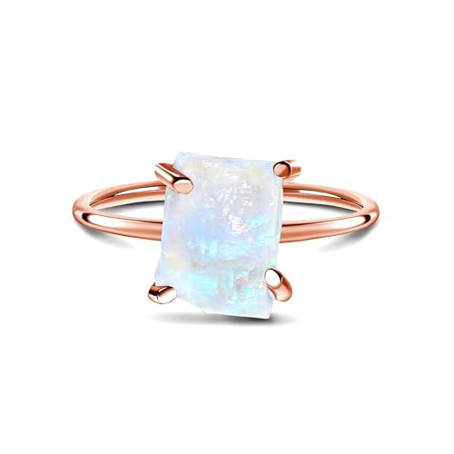 Moon Magic - Authentic Moonstone Ring - Petite/Real 925 Sterling Silver - 18k Rose Gold Raw Rainbow Moonstone Rings for Women/Genuine Jewelry