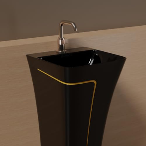 Image of Pedestal Wash Basin, Ceramic One Piece Wash Basin for Bathroom & Living Room, Modern Home Wash Basin with Glossy White Finish (L15XW15.8XH35 Inch) (Black + Yellow Line)