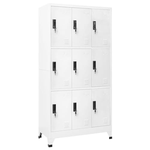 Armario Moderno de Acero de 9 Puertas, Blanco, 90 x 45 x 180 cm. Solución de Almacenamiento Segura con Cerradura para oficinas, escuelas, gimnasios o Salas de Estar. Diseño ventilado.