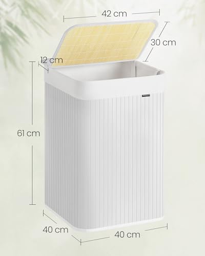 SONGMICS Kosz na bieliznę 95 l, kosz na brudną bieliznę, pokrywa, bambusowy, uchwyty, składany, zdejmowany worek nadający się do prania w pralce, do sypialni, biały LCB060W01