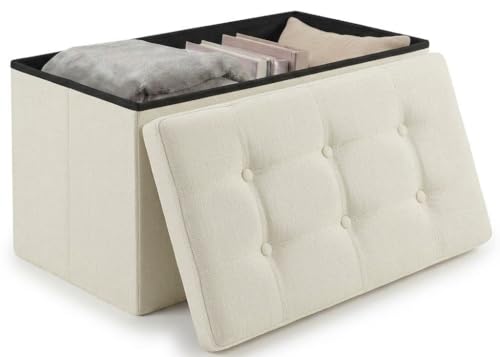 Edihome, Pouf Rangement Pliable avec Couvercle en Tissu 38x76x38 cm – Coffre de Rangement, Banc Multifonction, Repose Pied Salon, Coiffeuse (Blanc)