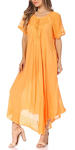 Image of Sakkas Egan Long Embroidered Caftan Dress /Cover Up with Embroidered Cap Sleeves