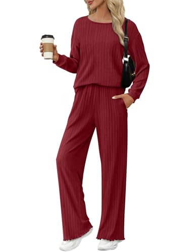 Ekouaer Lounge Sets for Women Comfy Ribbed Knit Pajamas Fall