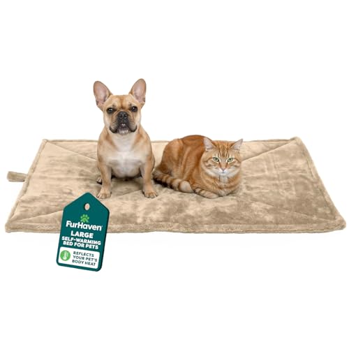 Furhaven ThermaNAP Self-Warming Cat Bed for Indoor Cats & Large/Medium Dogs, Washable & Reflects Body Heat - Quilted Faux Fur Reflective Bed Mat - Cream, Large