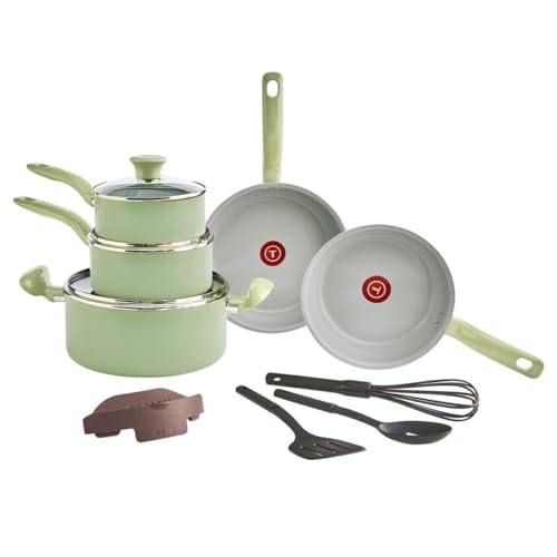 Image of T-fal Recycled Ceramic Nonstick Cookware Set 12 Piece, Oven Safe 350F, Pots and Pans, Fry Pan, Kitchen tools, Green