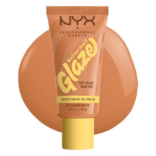 NYX Professional Makeup Fondotinta Illuminante, Per Tutti i Tipi di Pelle, Incarnato Uniforme e Luminoso, Effetto Naturale e Tenuta fino a 12H, Con SPF 30, Buttermelt Glaze, Tonalità: 03 Cashew Butta