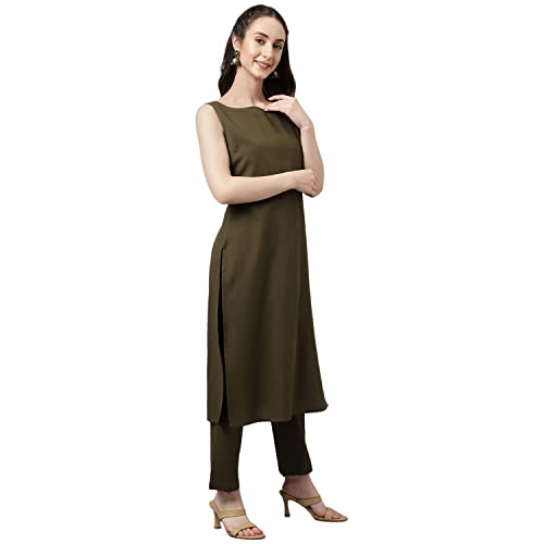 Image of FIORRA Women's Olive Green Rayon Straight Kurta with Pant