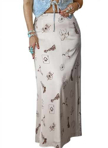Women's Western Print Satin Long Skirts High Waist A-Line Casual Beach Party 2025 Summer Maxi Skirts