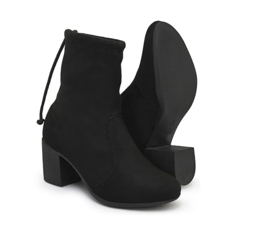 Bota Feminina Confort Casual Polo London Club, Camurça Strech cano Curto e Salto Alto bloco (preto,