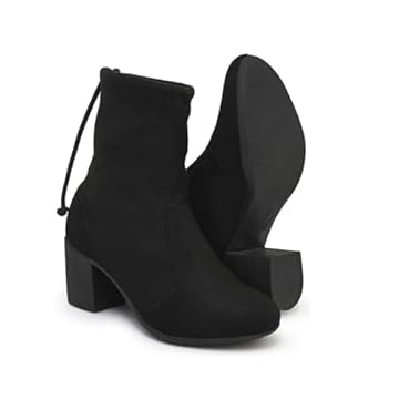 Bota Feminina Confort Casual Polo London Club, Camurça Strech cano Curto e Salto Alto bloco (preto, BR, Adulto, Numérico, 36)
