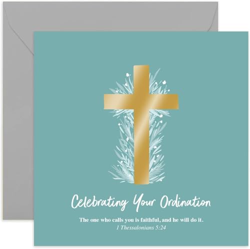 Old English Co. Stylish Ordination Card - Green Foliage Gold Cross Ordination Card for Priest, Pastor or Deacon - Catholic Priest 50th Anniversary of Ordination Card | Blank Inside with Envelope