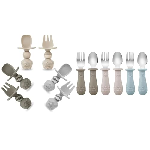 Image of PandaEar Silicone Baby Spoons & Toddler Utensils (Light Tan/Walnut/Blue)