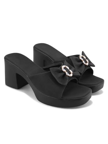 Image of TRYME Women's Comfortable Stylish Bow Detail with Crystal Stone Textured Block Heel Sandals