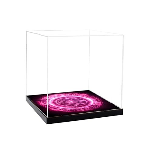 CHILLCASE Magic Array Design Acrylic Clear Display Case with Base Dustproof Display Box Assemble Collectible Showcase for Action Figures, Models PVC Figures(Red,9.8×9.8×9.8 inch