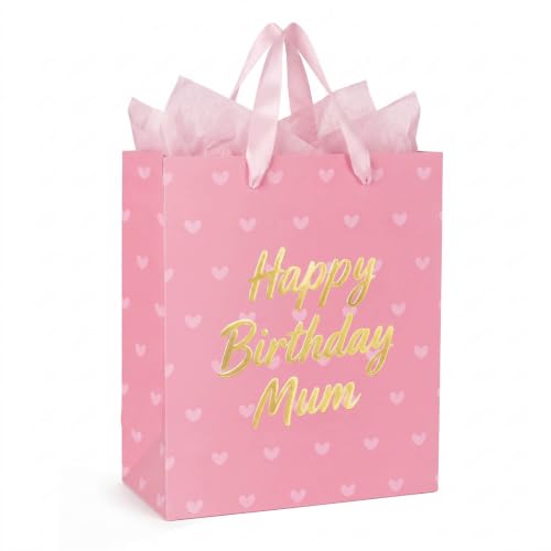 Birthday Gift Bag for Mum Happy birthday Gift Bag Pink Heart for Mummy Mother with Tissue Paper Small Medium Size Mum Present Wrap Pink