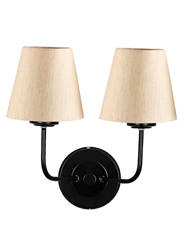 Image of Dual Wall Sconce Wall Lamp (H-10 Inches, Beige) for Living Room /Bedroom, Hall, Study, Kids Room, Home Office, Balcony Decor | Black Metal Finish, Modern Indoor Wall Night Ambient Lighting