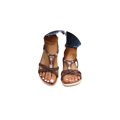2025 New Women's Flat Sandals Summer Bohemian Beaded Strap Sandals Rhinestone Leather Sandals Open Toe Flat Sandal Fit Vacation