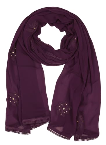 Image of YOUTHQUAKE Flower Embroidered Diamond Work Chiffon Dupatta for Womens & Girls With 4 Side Lace