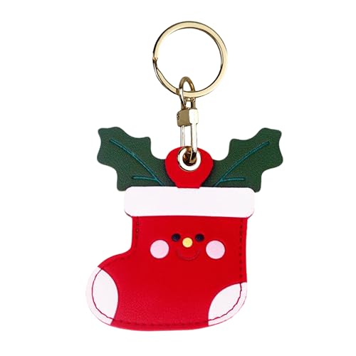 NCIWAN Leather Keychain Holder Case for AirTag Cute Hidden Air Tag Cover with Keychain Ring for Keys Bag Pets (Christmas stockings)