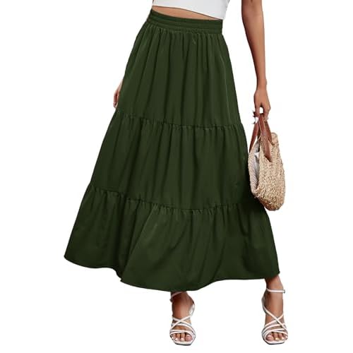 Arolina Maxi Skirt for Women Summer Boho Elastic High Waist Pleated A-Line Flowy Ruffle Swing Tiered Long Beach Skirt Dress Large Army Green