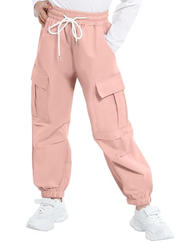 Image of JiAmy Girls Cargo Pants Elastic High Waist Drawstring Pants Jogger Trousers Casual Loose with Pockets 6-14Y