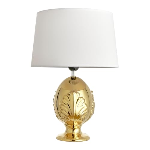 Baroni Home Lampada da Tavolo in Ceramica, Lampada con Paralume in Tela Bianca – Design Elegante, Lampda a Filo 120 cm, Attacco E27, Decorazione per la Casa, 30x30x45 cm (Pumo Oro)