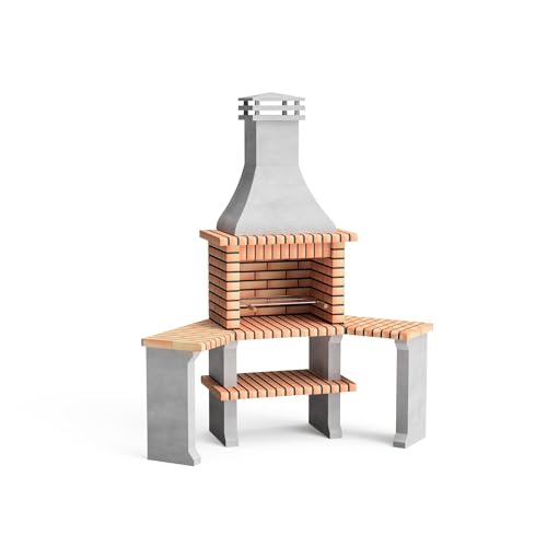 MOVELAR - Barbecue préfabriqué à bois et charbon en béton réfractaire modèle Roma 2 Tables Latérales Angle (Gris, Orange - 160 x 58 x 240 cm) REF: 3800 - Cuisine extérieure pour jardin ou patio
