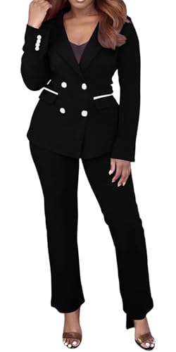 Womens 2 Piece Suits Business Casual Outfits Double Breasted Blazer Pantsuits Professional Work Set Black L