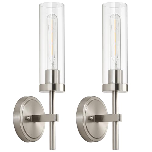 SANTOSTOCK Brushed Nickel Hardwired Wall Sconces Set of 2, Modern Bathroom Sconces Vanity Light Fixture, Farmhouse Wall Mount Lamps for Mirror Living Room Bedroom Hallway