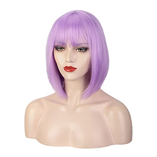 Vinieesha Short Purple Bob Wig with Bangs 12 Inch Straight Bob Hair Wigs Colorful Daily Cosplay Party Heat Resistant Synthetic Wigs for Women (Lavender Purple)