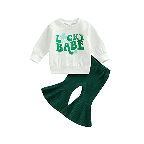 Engofs Toddler Baby Girl St. Patrick's Day Outfit Long Sleeve Letter Print Sweatshirt Tops Bell Bottoms Pants Set My First St Patricks Clothes Green 18-24 Months