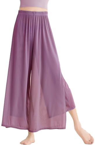 SEAUR Women's Breathable Mesh Praise Dance Overlay Trousers Loose Fit Side Slit Chinese Traditional Dance Costume for Worship Performance Purple S