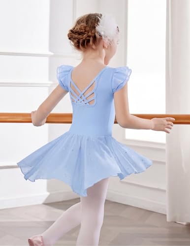 Image of Arshiner Girls Shiny Ruffle Sleeve Ballet Leotard with Skirt Criss-Cross Back Dance Dresses