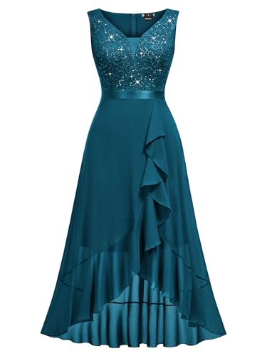 Image of Miusol Women's Vintage V-Neck Sleeveless Sequined Floral Lace Ruffle Split Evening Party Dress | Deep V-neck, sleeveless, sequin lace, ruffle design dress, suit for cocktail party, wedding and banquet