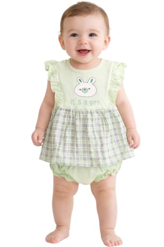 Image of Baby Girls Frock Dress with Bloomer Set | Short Sleeve Polka Dot Inner Layer & Bow Detail Special for 0-6 Months