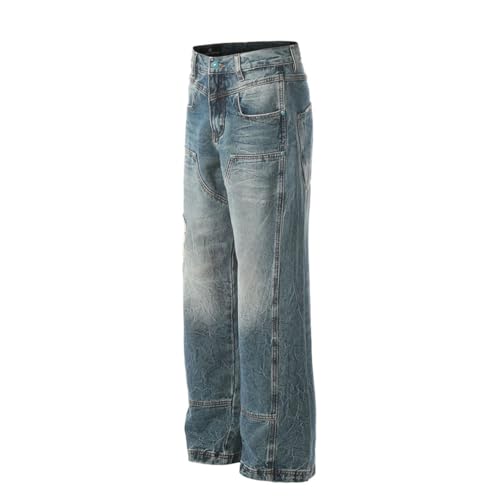 Men’S Straight Leg Washed Denim Jeans with Zipper Fly Low Waist Regular Fit Hip Hop Trousers3