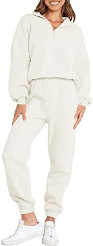 Prinbara Women's 2023 Fall Fashion Outfits 2 Piece Sweatsuit Solid Color Long Sleeve Pullover Long Pants Tracksuit 7PA76-baise-L
