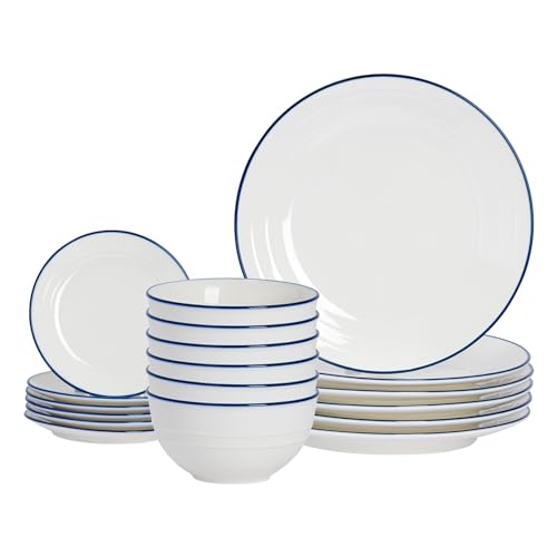 Nicola Spring Farmhouse 18 Piece Dinner Set - White Porcelain Rustic Country Cottage Tableware with 6 Dinner Plates, 6 Side Plates & 6 Cereal Bowls